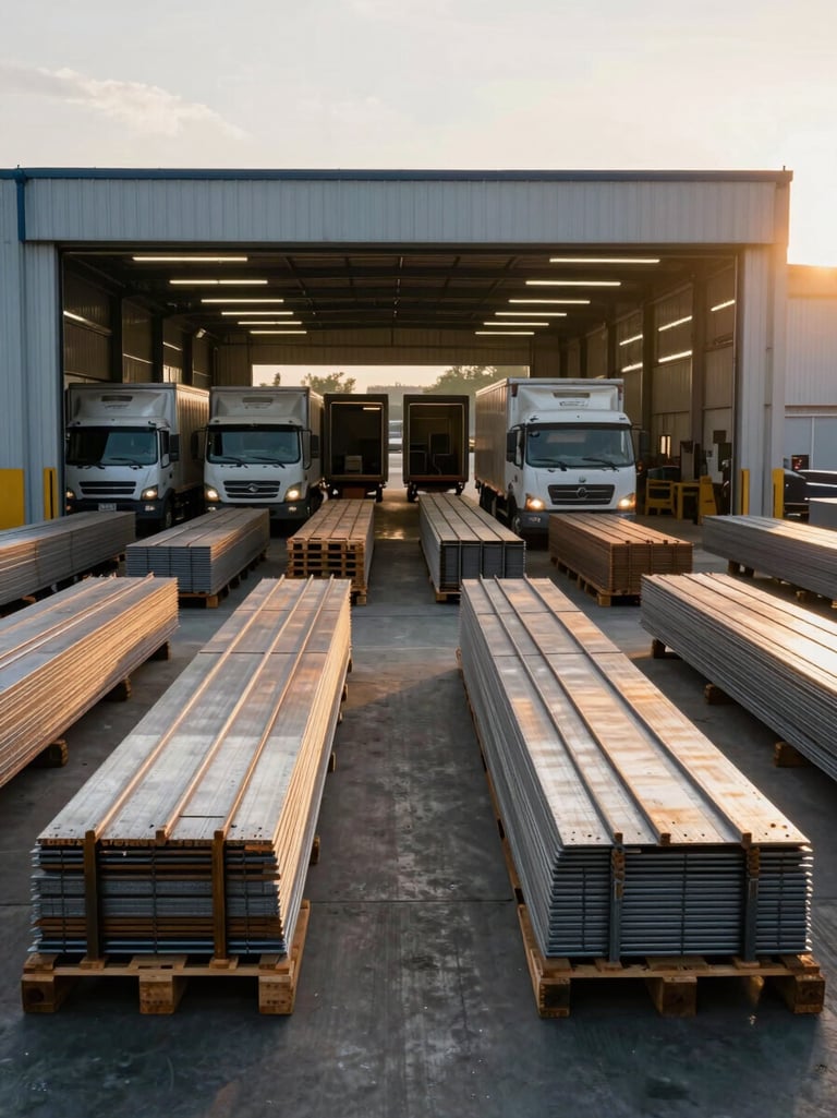 Wide environmental shot of an organized warehouse loading dock at golden hour, pallets of bundled steel profiles stacked in tight rows with delivery trucks visible at the open bay doors, warm exterior light cutting across the steel surfaces from the right, cool overhead warehouse lighting inside — a clean contrast of exterior warmth and interior precision