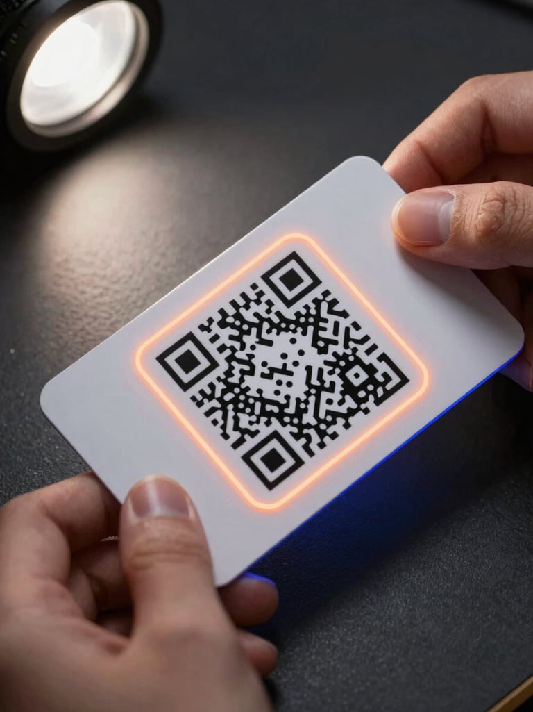 Extreme close-up of a hand holding a QR-integrated business card over a dark desk surface, studio strobe from upper left creating dimensional shadow, bright orange geometric glow framing the QR code area, cool royal-blue rim light on the card edge, card stock grain texture visible