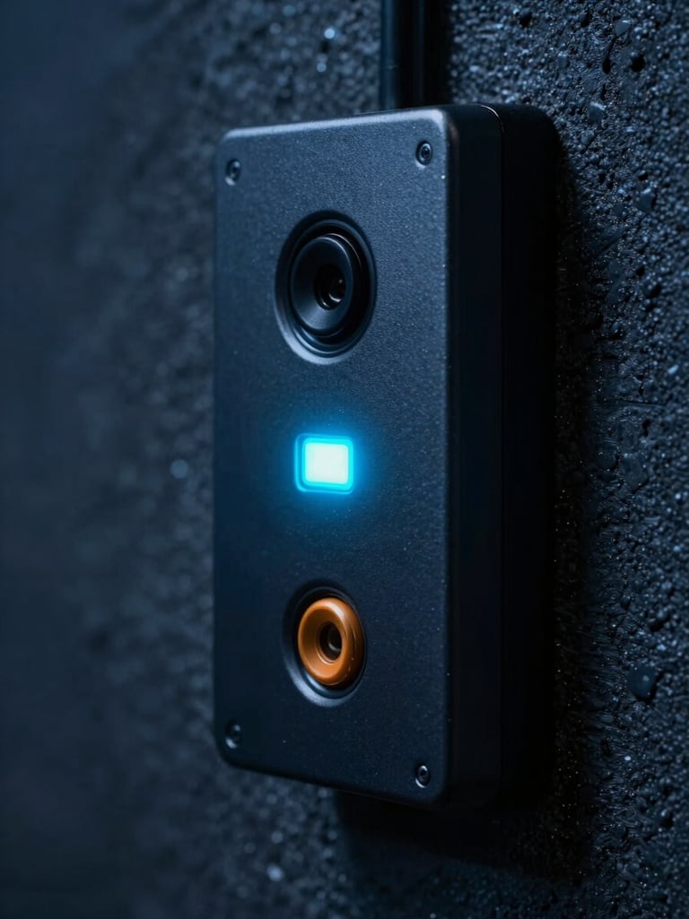 Extreme close-up of a sleek access control terminal with a glowing cyan LED indicator, mounted on a dark textured concrete wall, cool blue high-contrast technical lighting, macro detail, 50mm lens.