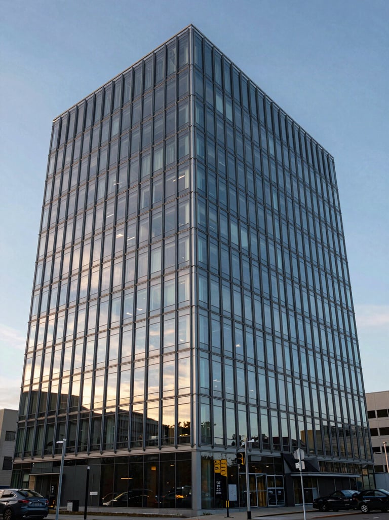 Wide environmental shot of a modern architectural office building in Edmonton under clean morning light, glass facade reflecting the sky