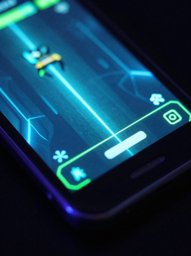 Macro shot of a glowing mobile screen showing a sci-fi action game interface, vibrant blue and green neon effects, dark atmosphere.