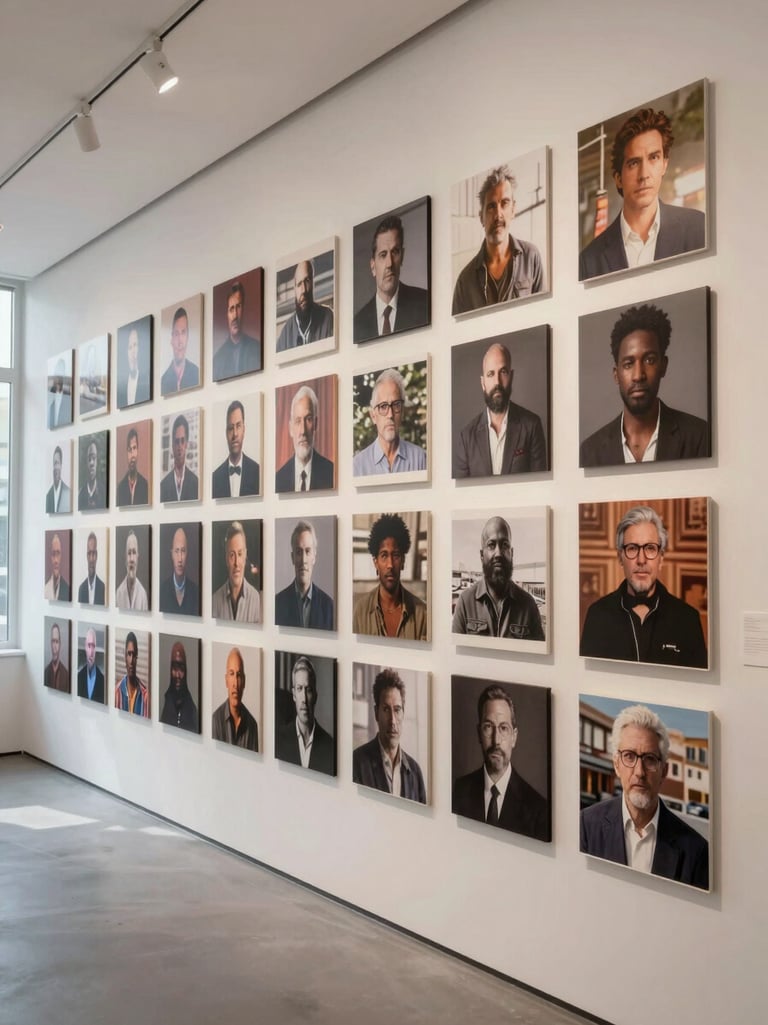 Full editorial campaign spread installed on a gallery wall, wide environmental shot showing work at scale, soft north-facing daylight, no people in frame, slight depth in the room visible