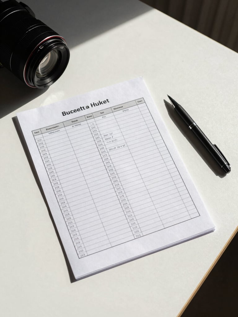Overhead flat-lay of a printed one-page budget sheet on a white desk, a pen resting beside it, natural north-facing daylight, some hand-written numbers visible in the columns