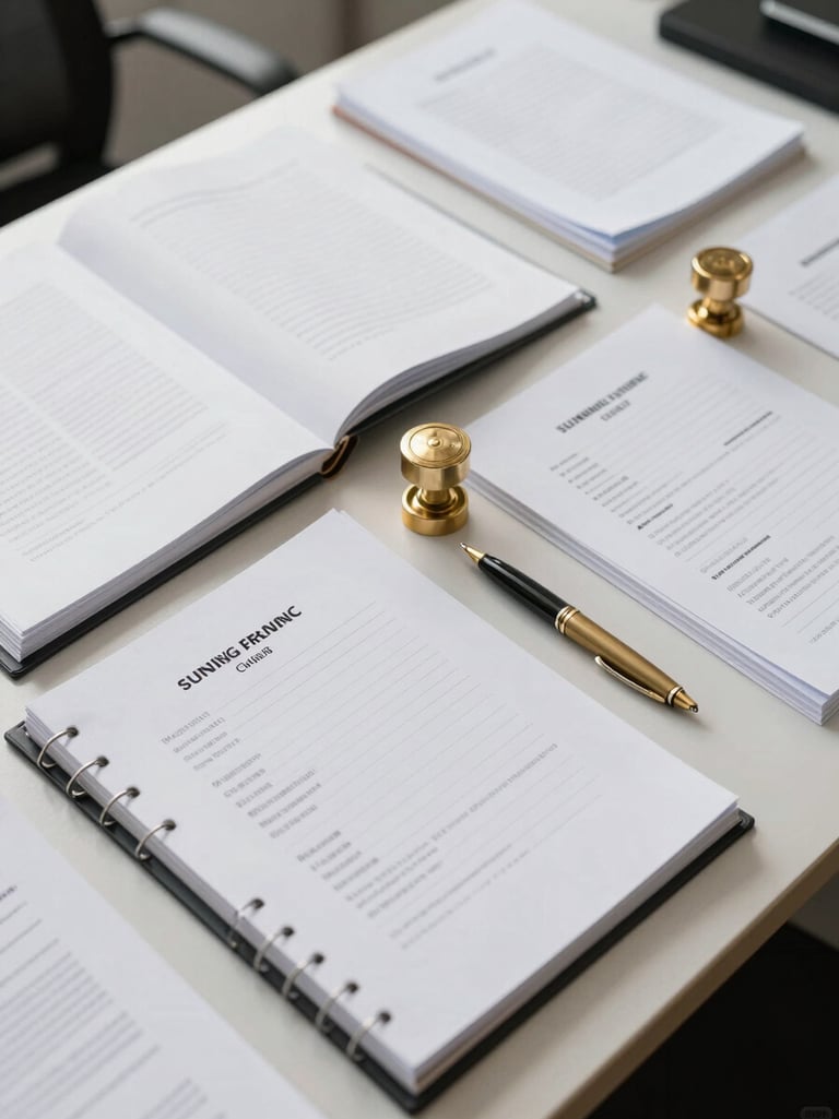 Overhead shot of neatly organized legal dossiers with official stamps and a brass pen, clean corporate desk, bright natural daylight.