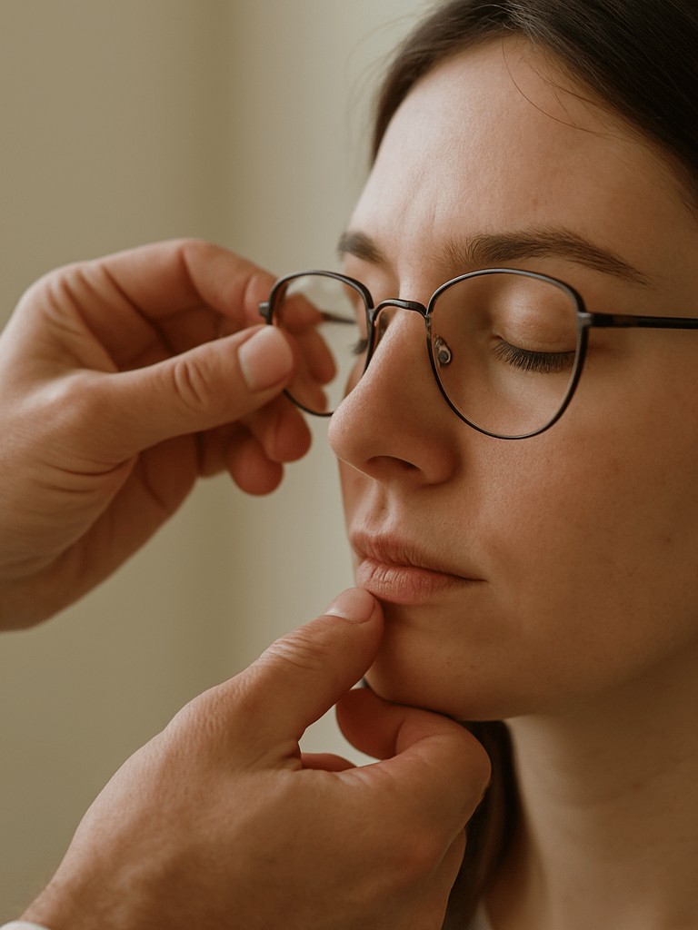 Portrait-oriented close-up of an optometrist's hands carefully adjusting the nose pads of a frame on a patient, soft north-facing daylight from a nearby window, shallow depth of field with the frame in sharp focus and a cream-colored exam room wall behind