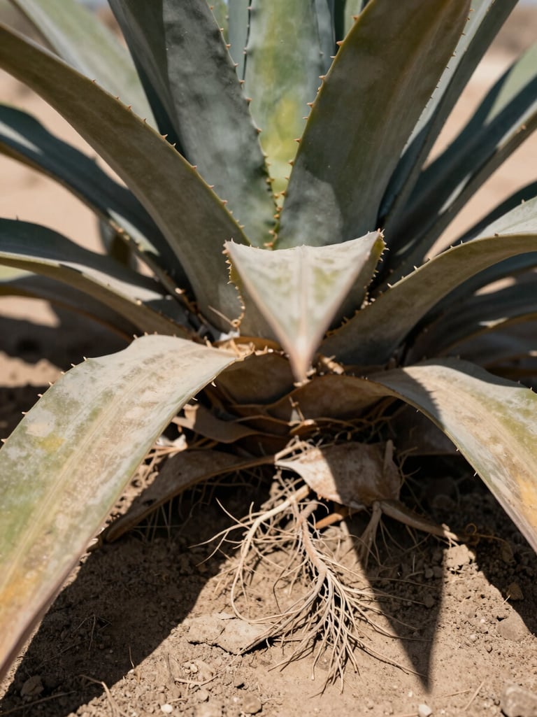 Extreme close-up of desert-adapted plant leaves in full Gulf sun, thick waxy surface catching harsh direct light, strong shadow cast on dry compacted soil below, fine root system visible at the soil surface edge, documentary texture-focused framing