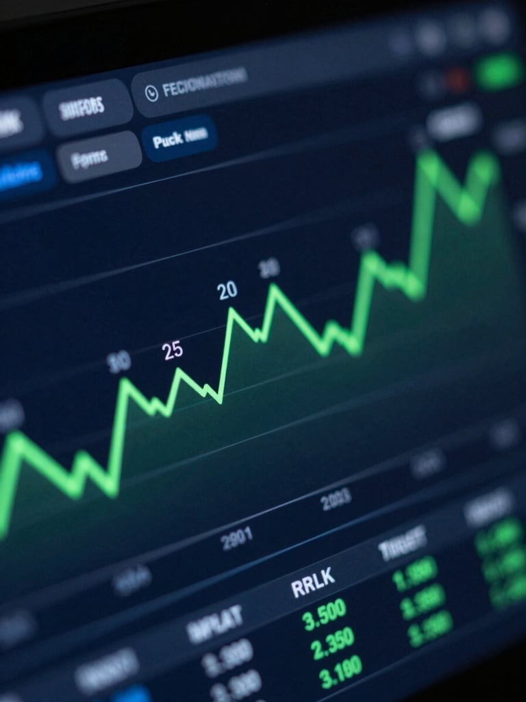 Macro close-up of a high-contrast dark mode analytics dashboard showing real-time conversion rates, neon green trend lines, cool blue ambient light