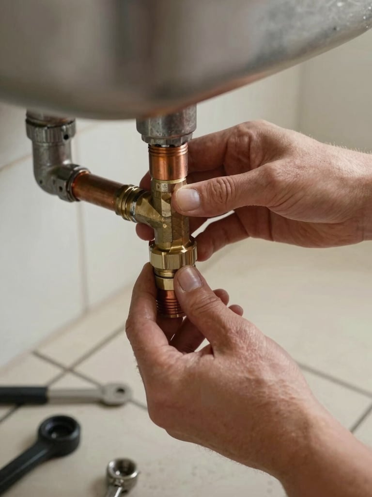 Plumber's hands tightening a copper pipe fitting under a kitchen sink, focused close-up, tools visible on tiled floor, candid on-location light