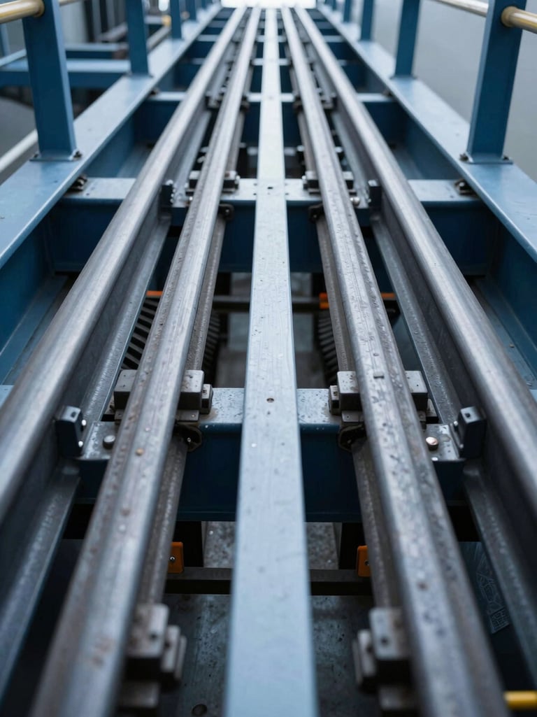 Low-angle close-up of heavy-duty elevator guide rails, thick steel structural beams, high-contrast mechanical gear, safety-orange tension indicators.