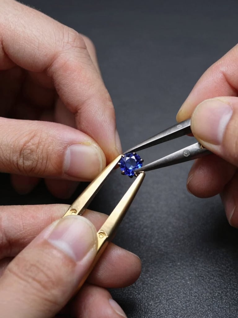 Extreme close-up of an artisan's fingers pressing a gold prong over a sapphire stone on a jeweler's bench, soft directional north-facing light illuminating the grain of the metal and the facets of the stone, dark charcoal background, no face visible, only hands in motion and the glint of the gem