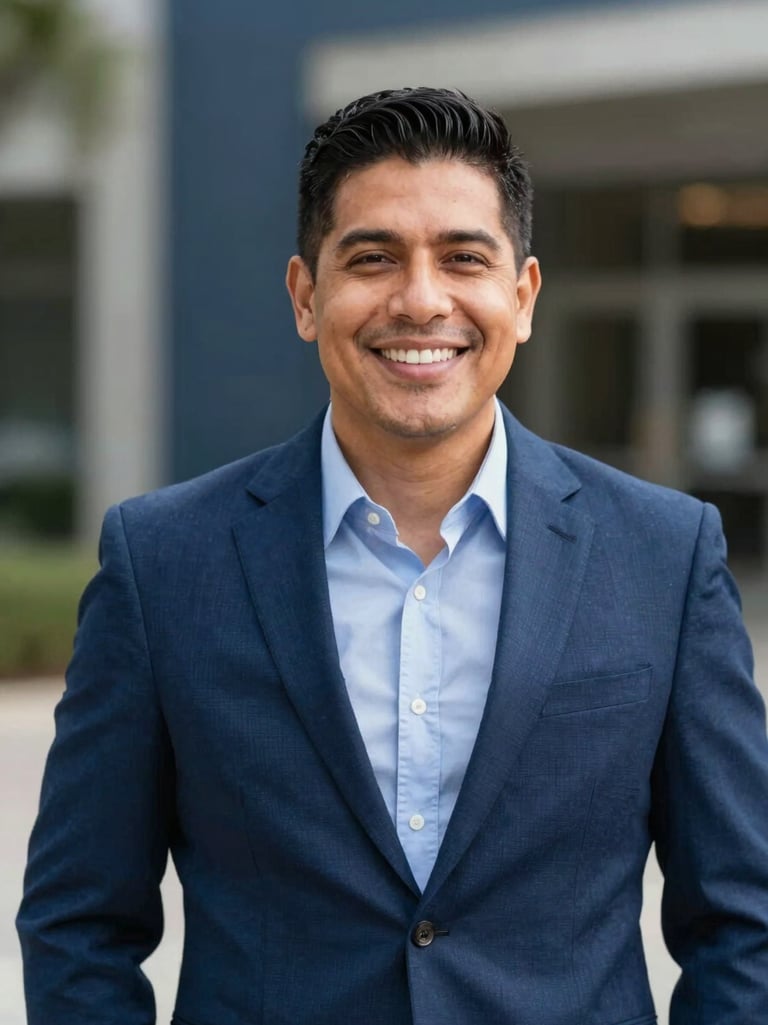 Approachable Latino financial advisor smiling, warm daylight, professional and friendly portrait, soft background, rich deep blue tones