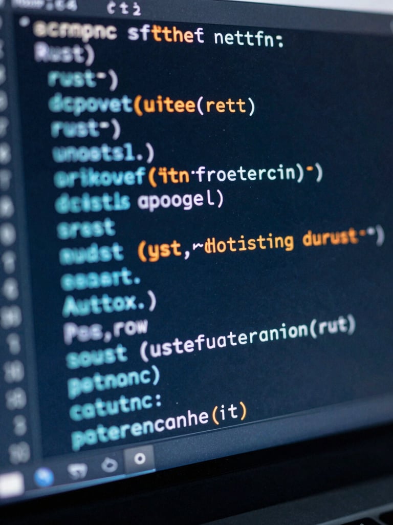 Extreme macro close-up of a terminal screen showing clean Rust code with syntax highlighting, cool diffused blue light with subtle orange reflections on the glass.