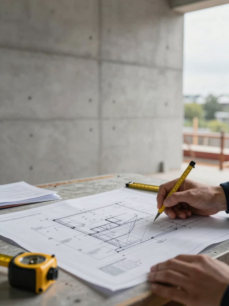 Close-up of a structural engineer reviewing printed technical drawings on a construction site table, raw concrete wall behind, overcast natural light from an opening to the right, measuring instruments and stamped report pages visible, no faces shown, documentary framing