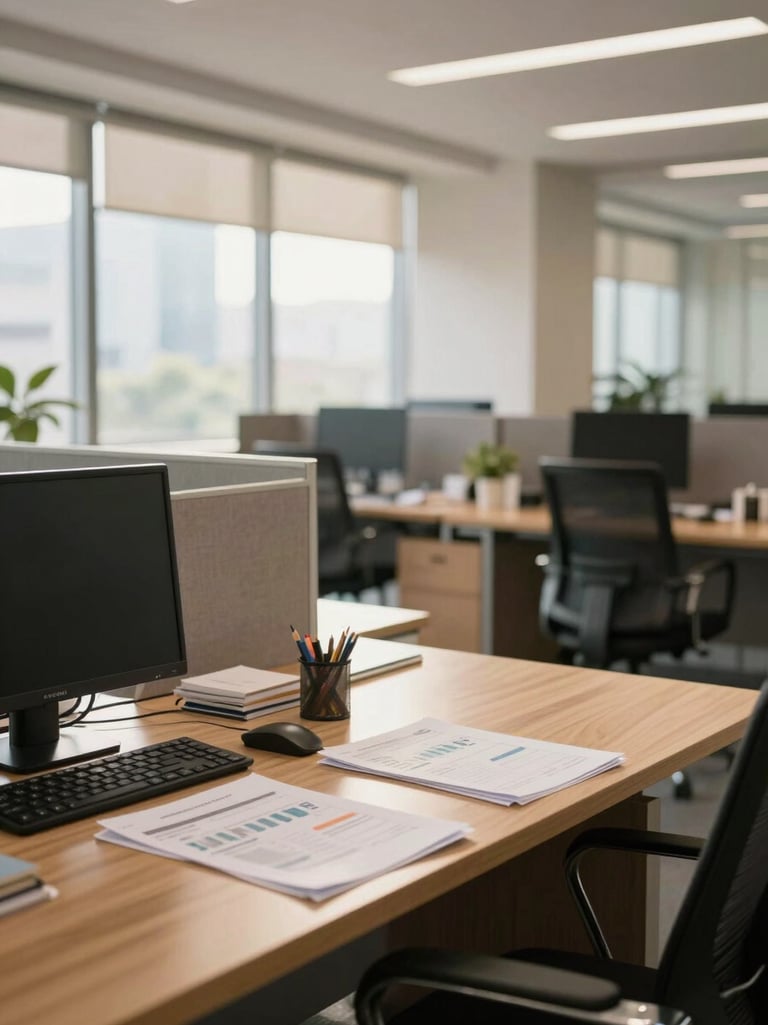 Bright, modern corporate office interior in India, warm natural daylight illuminating organized wooden desks and financial documents, clean professional workspace.
