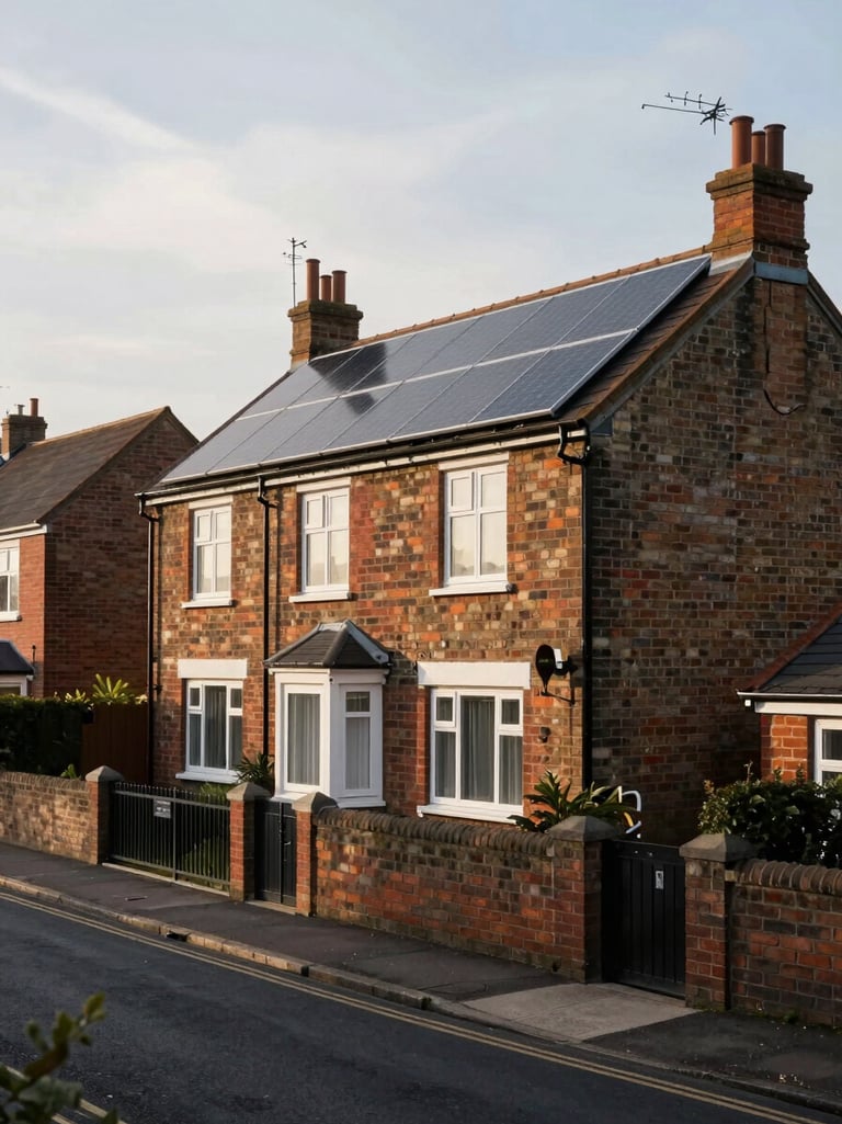 Wide environmental shot of a semi-detached UK terraced home on a quiet residential street, solar panels installed across the south-facing roof, soft morning light, garden gate visible at left, overcast-bright sky, no people