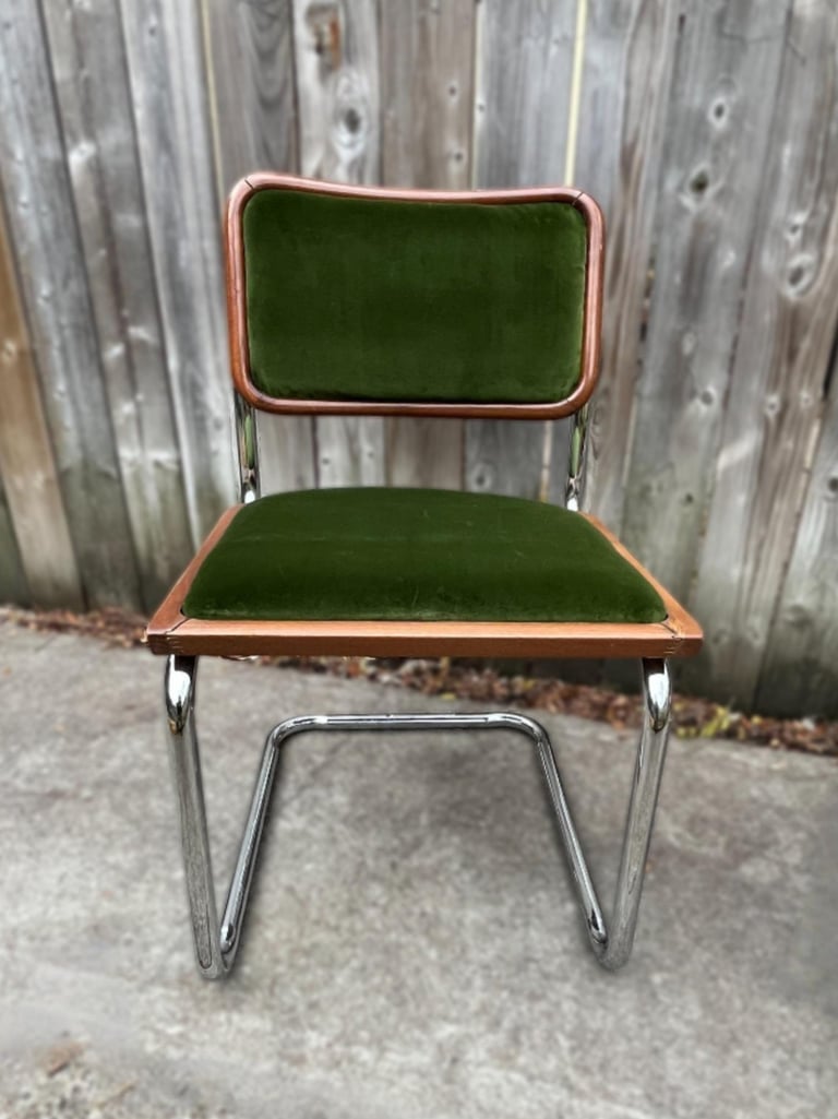 Vintage mid-century modern chrome cantilever chair with olive green velvet reupholstered in Toronto