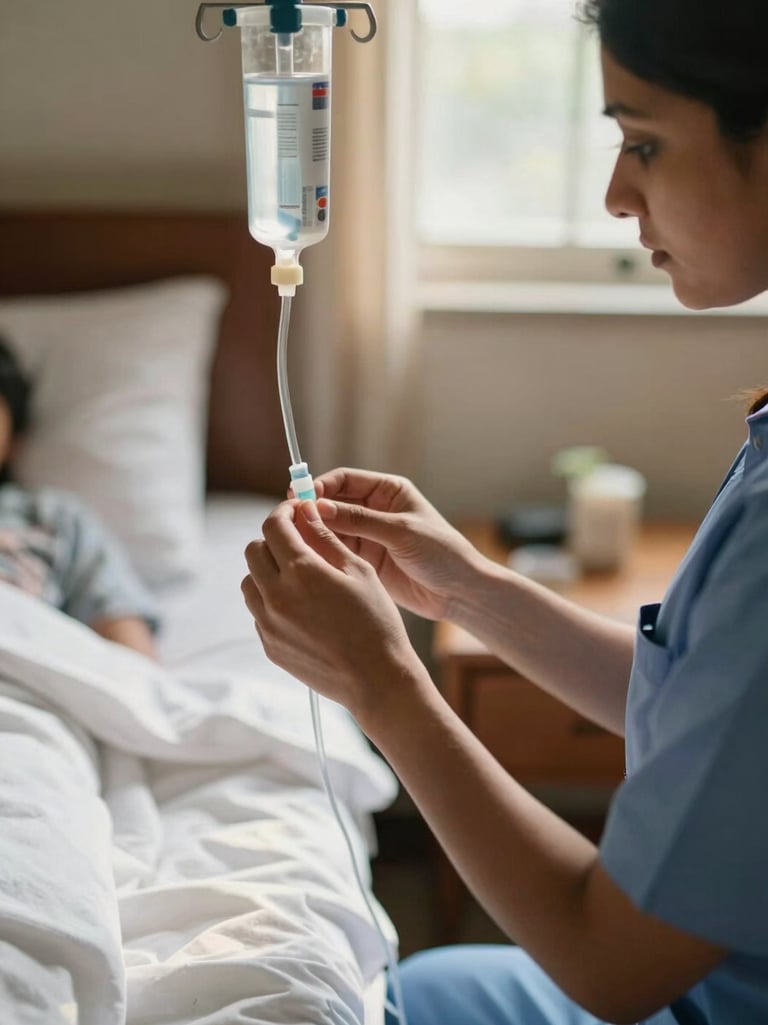 Close-up of a female nurse's hands carefully adjusting an IV drip line at a patient's bedside in a warmly lit Indian home, soft morning window light falling across white bed linen and a wooden side table, shallow depth of field, documentary warmth