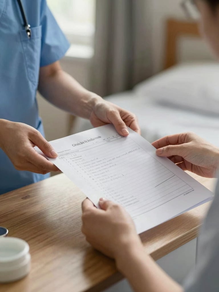 Close-up of a registered nurse's hands passing a written clinical notes document to another nurse, warm natural window light falling across the papers on a home bedside table, soft shallow focus on the handwritten patient record