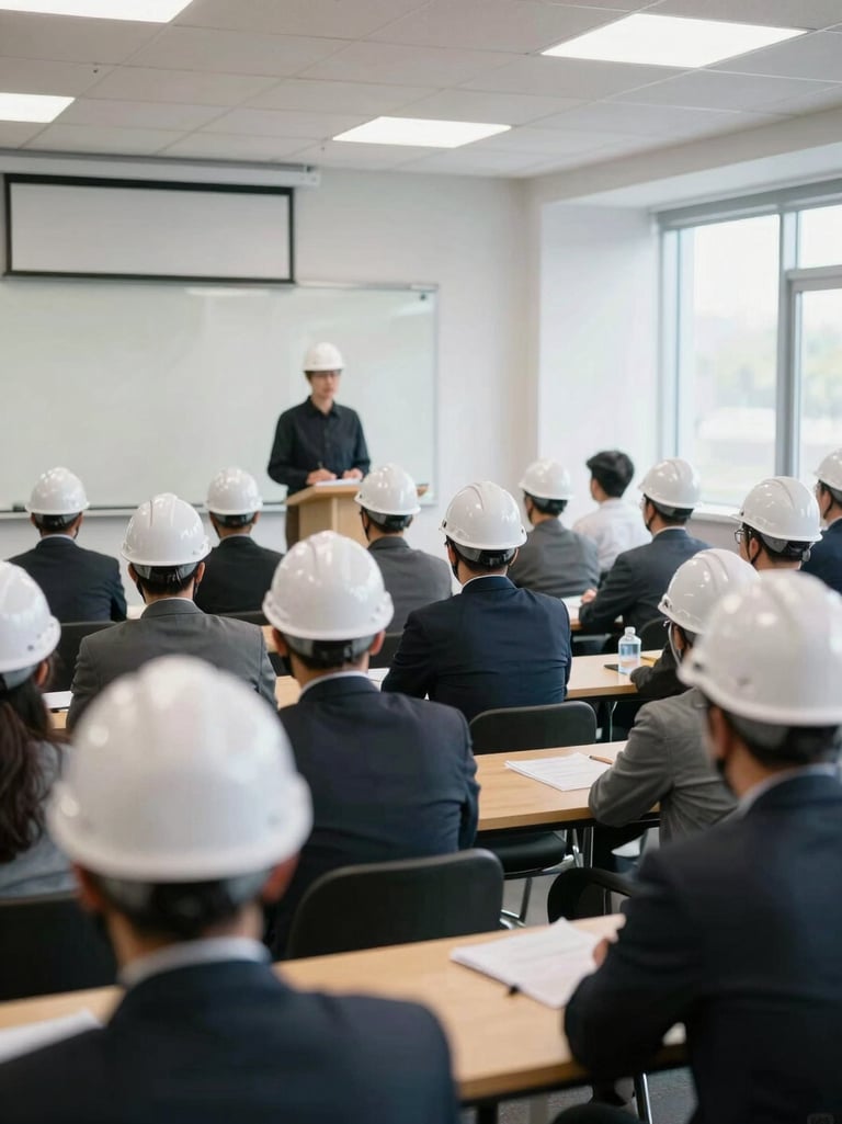 Modern and bright corporate training room, workers wearing white helmets participating in an interactive safety seminar, natural window light, professional atmosphere.