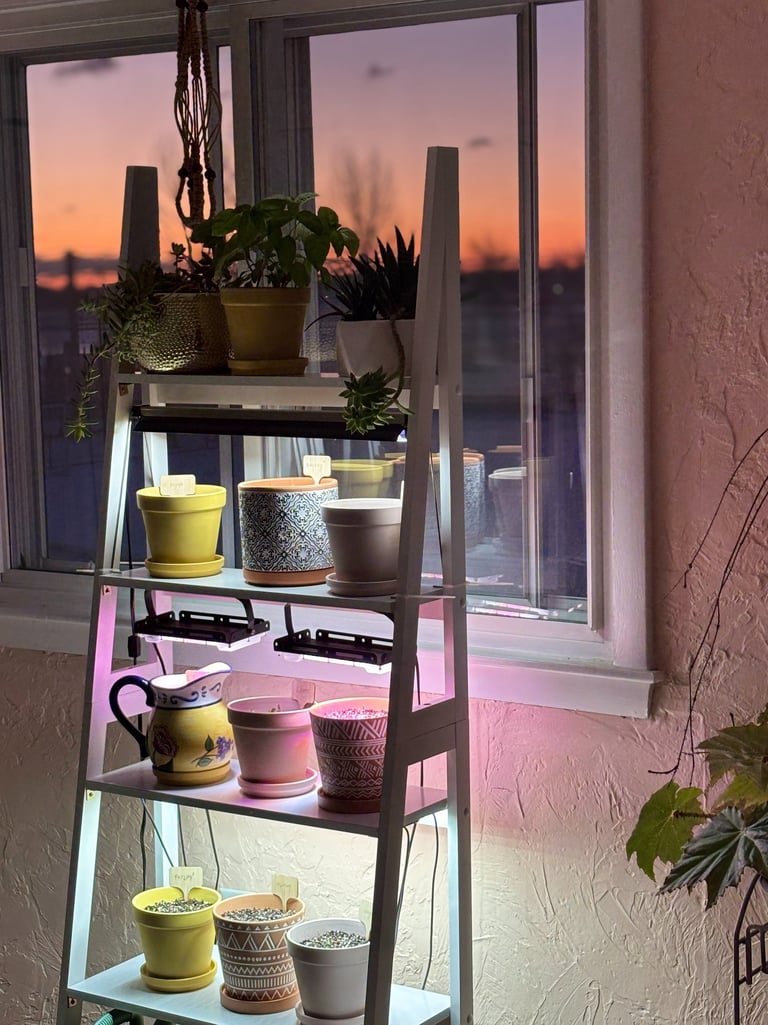 Indoor herb garden on a window shelf with grow lights glowing at sunset