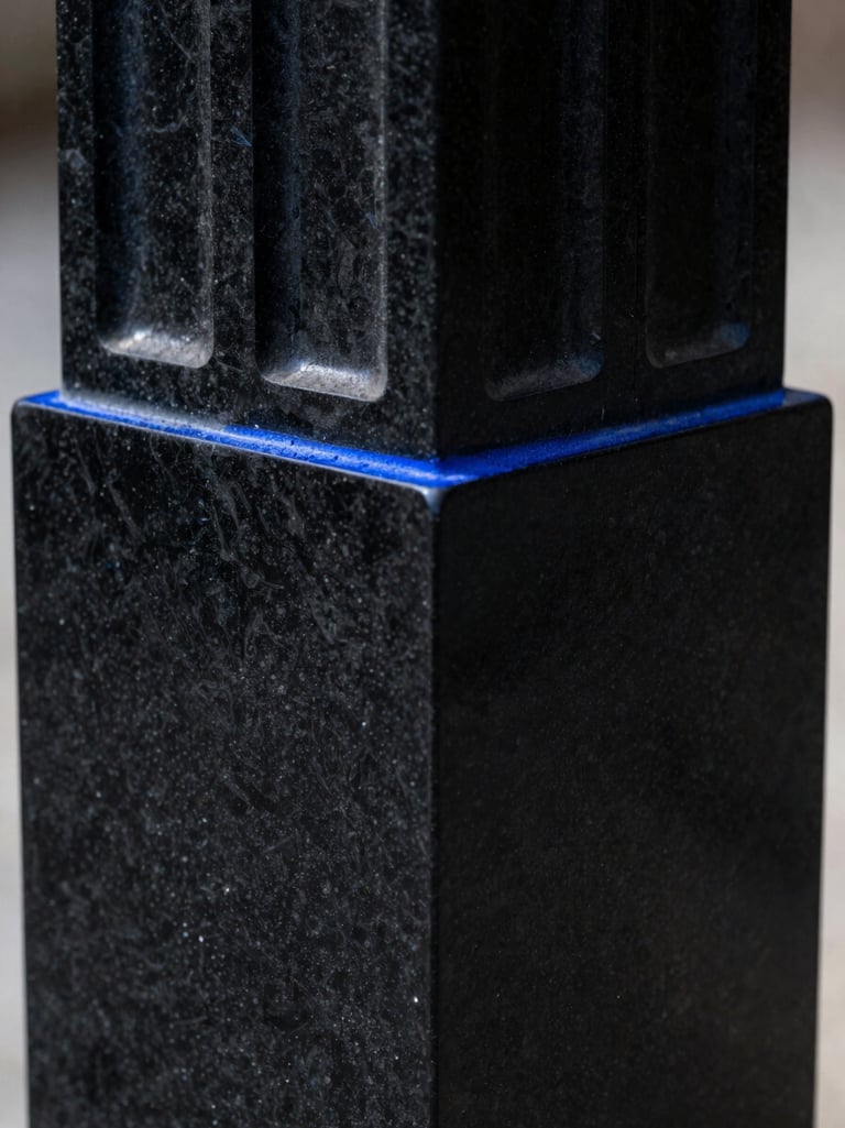 Macro shot of monolithic black obsidian architectural column, sharp geometric edges, subtle royal blue rim light, high contrast.