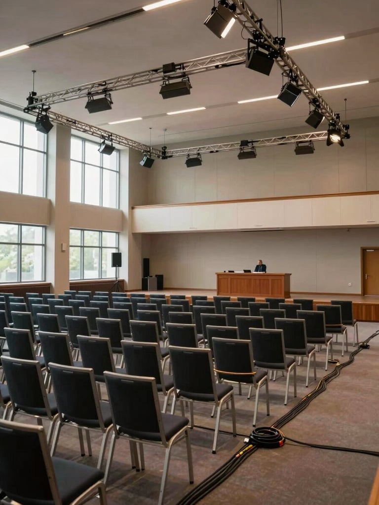 Wide interior shot of a large empty conference hall during production setup — rows of chairs facing a podium, overhead lighting rigs partially rigged, cables running along the floor, neutral daylight filtering through high windows on the left side, no people present