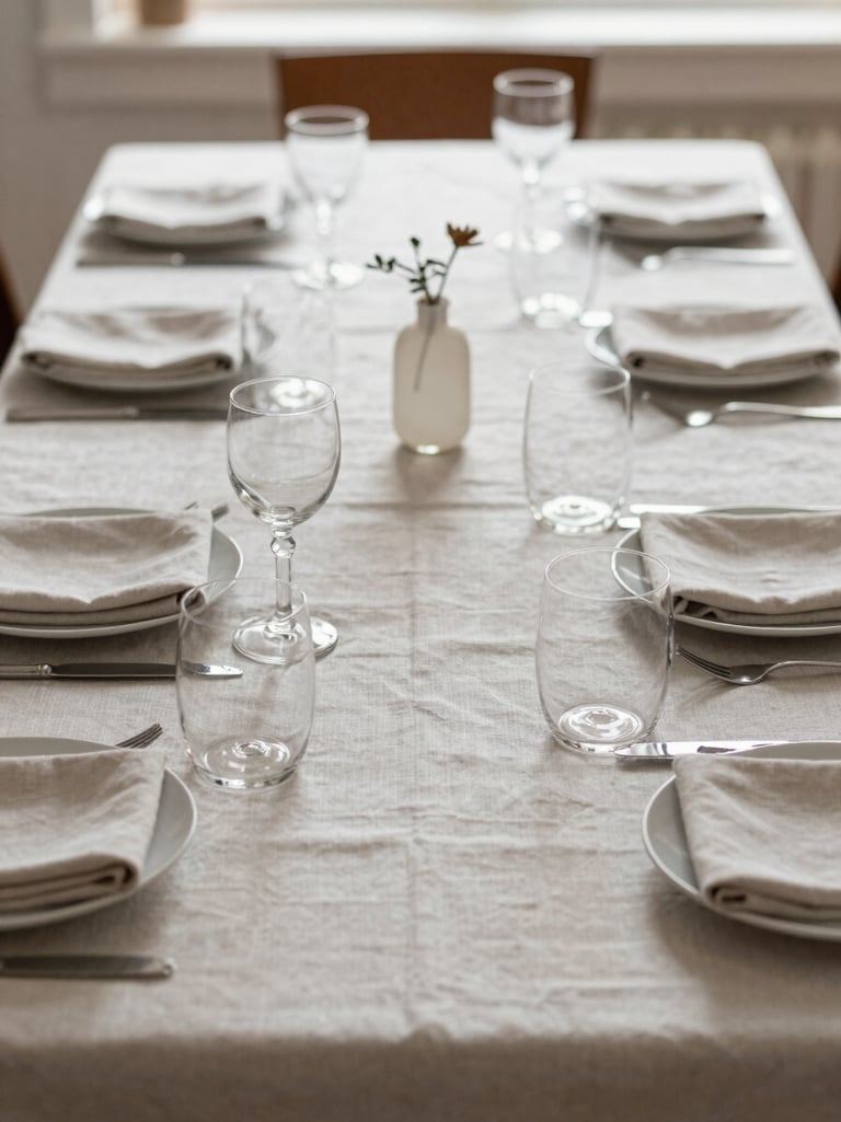 Wide environmental shot of a dining table set for a small gathering before guests arrive — linen napkins, simple glassware, a single stem in a bud vase, soft north-facing daylight, no people