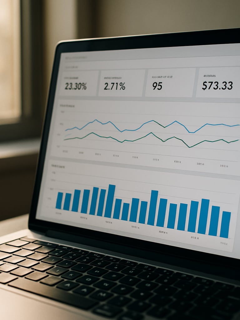 Close-up of a laptop screen showing a live Google Ads campaign dashboard, annotated with conversion rate metrics and cost-per-lead figures, bright natural window light from the left, data charts visible mid-screen