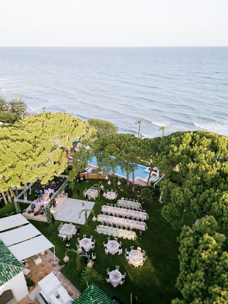 Aerial view of Villa El Rincon in Marbella during a luxury seaside destination wedding with Mediterranean scenery