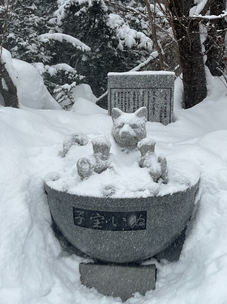 a stone statue of a cat in a bowl of water in otaru hokkaido japan