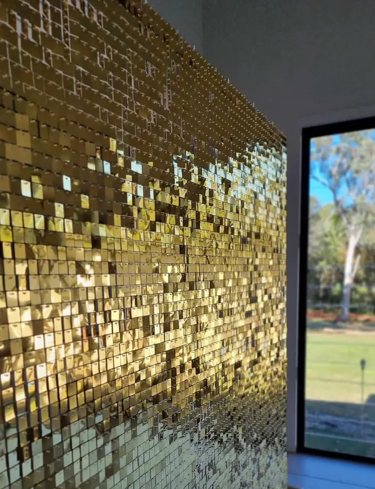 Shimmer Wall captured at a Gold Birthday in Alexandrahills, Redlands - party hire by SweetAz Co.