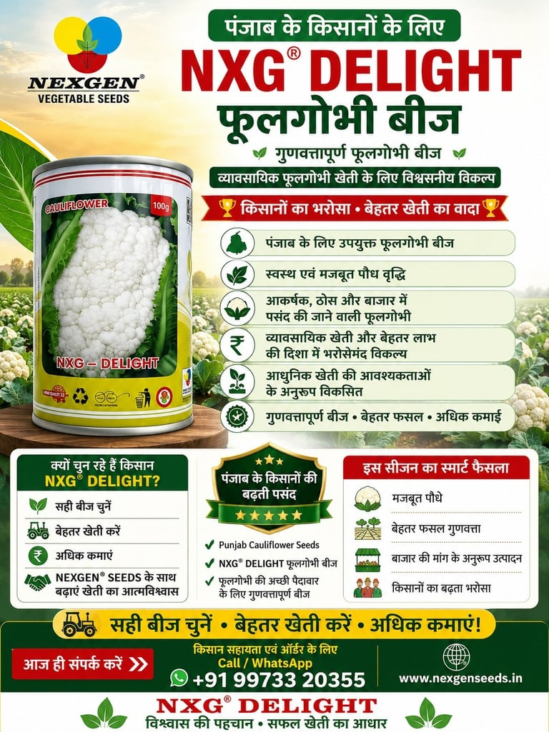 Nexgen NXG Delight cauliflower seed for commercial farming in Punjab featuring a large white cauliflower head.