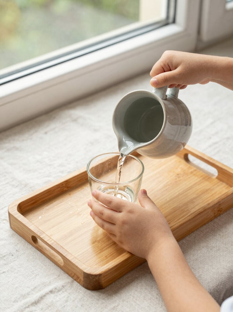 Close overhead view of a child's small hands carefully pouring water from a ceramic pitcher into a glass on a wooden Montessori tray, natural north-facing daylight from a window, materials arranged neatly on a light linen surface, no adult hands visible