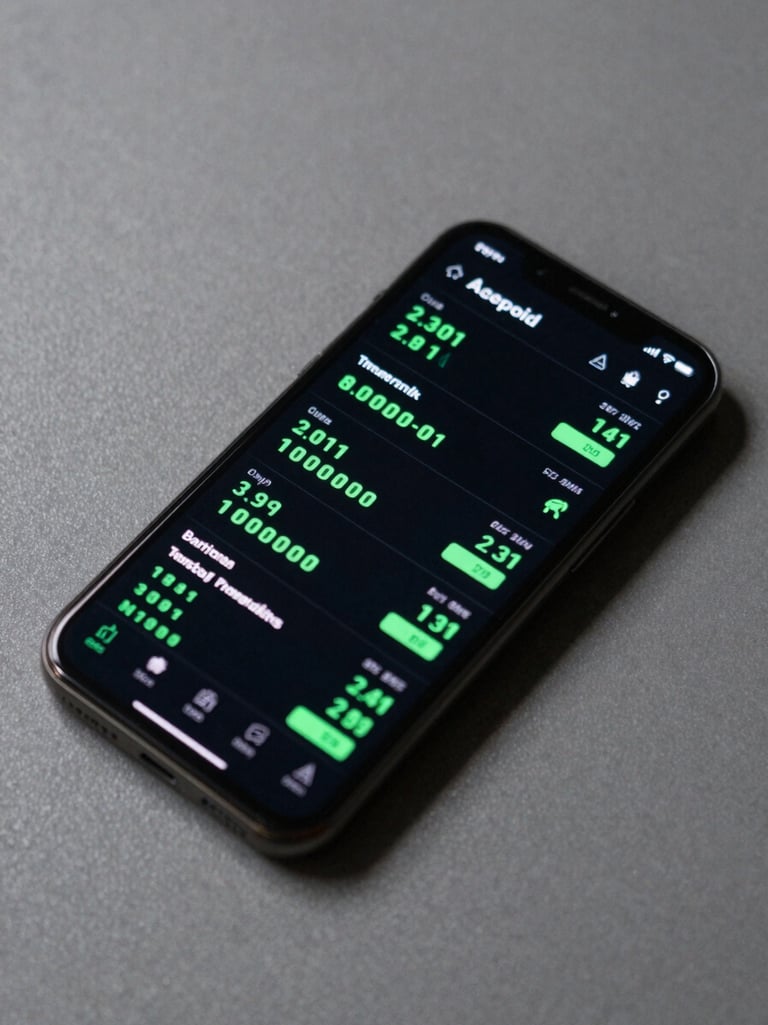 Close-up overhead shot of an Android smartphone face-up on a matte grey surface, screen displaying a performance metrics dashboard with green numerical readouts, even overhead lab lighting, no hands, no people