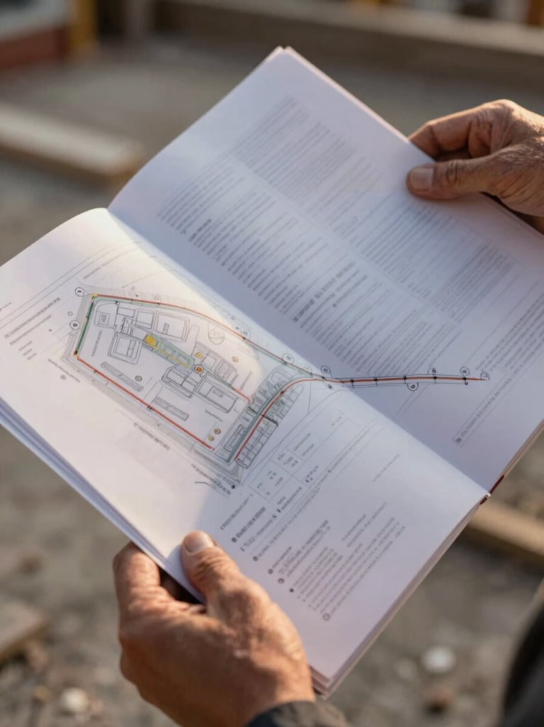 Close-up of weathered hands holding a folded site survey document, a partially visible site boundary map beneath, shot at golden-hour with warm late-afternoon light raking across the papers, construction site ground visible at the lower edge of the frame, shallow depth of field on the document surface