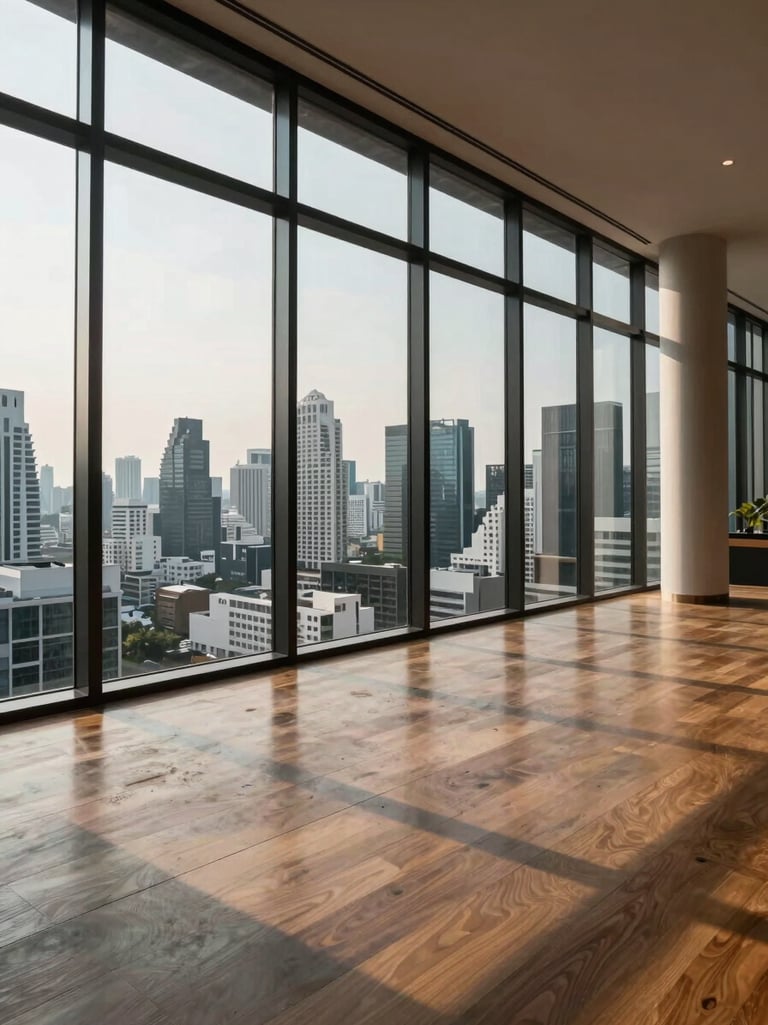 Wide architectural interior of a Bangkok high-rise penthouse, floor-to-ceiling glass revealing the city grid below, late-afternoon north light raking across polished concrete and warm timber floors, no people, shot from a low wide angle emphasising spatial depth and material quality