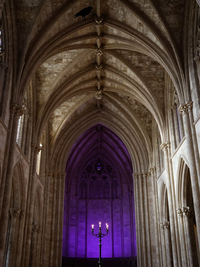 Environmental wide shot inside a gothic cathedral chapter house, vaulted stone ceiling with ribs converging overhead, a single tall candelabra casting dramatic sidelight on carved stonework, a raven silhouette visible in the upper shadow, deep purple ambient glow from an unseen stained glass source, no figures, solemnly cinematic