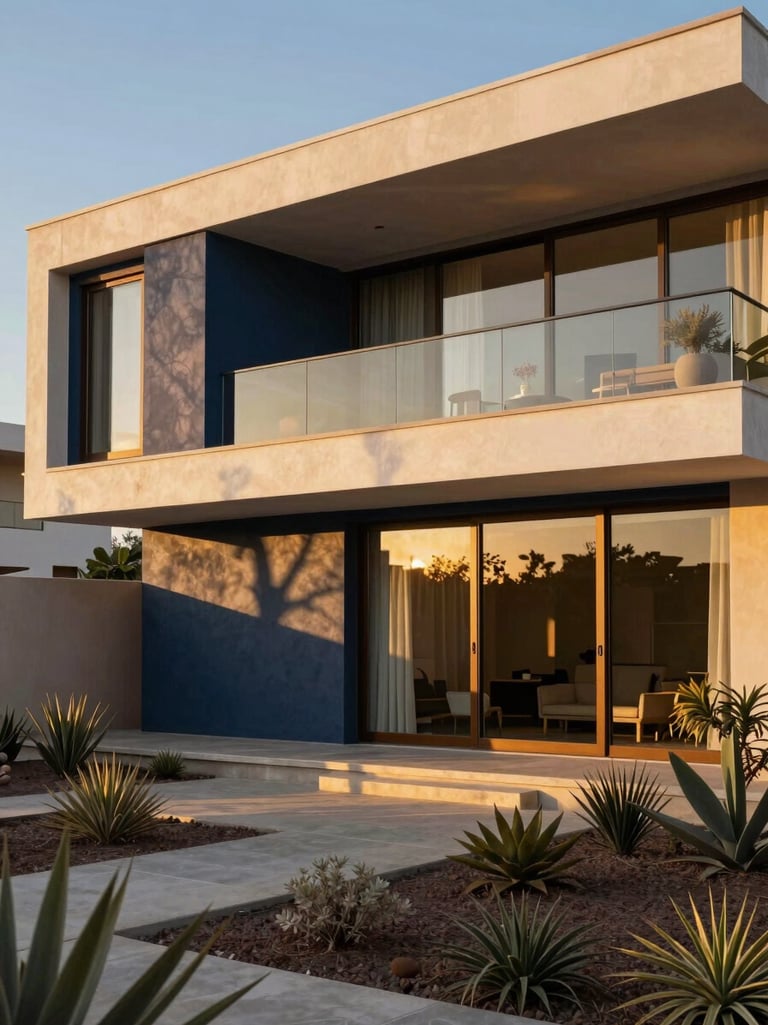 Vista exterior de una residencia moderna en Mexicali, líneas arquitectónicas limpias, iluminación cálida de atardecer, jardín desértico sutil, fotografía editorial de arquitectura