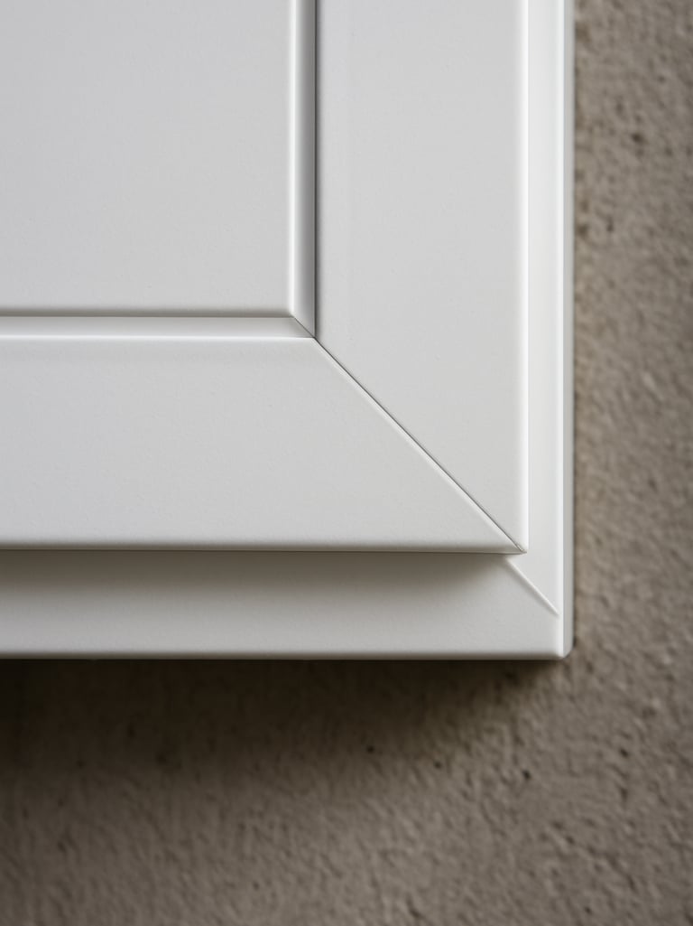 Extreme close-up of a PVC window profile corner weld joint, white surface under diffused north-facing daylight, the mitre line sharp and gap-free, concrete wall texture visible at the frame edge