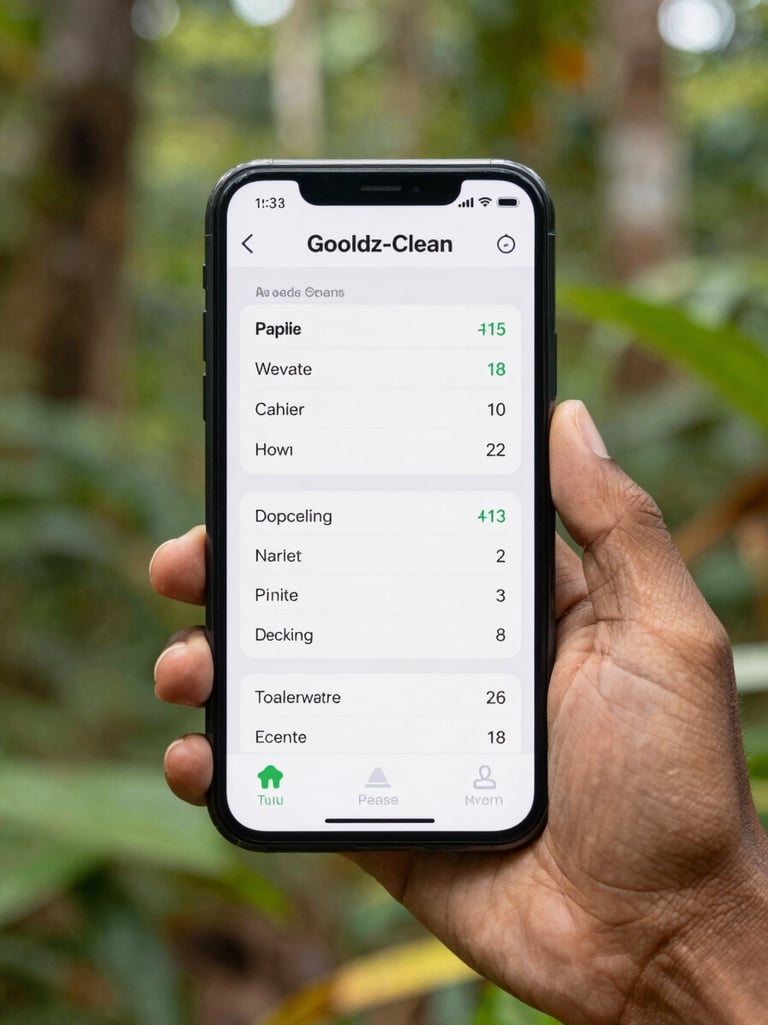 A close-up of a mobile phone screen displaying the Gooldz-Clean app interface with clear waste weight charts, held by a Papuan hand, natural daylight.