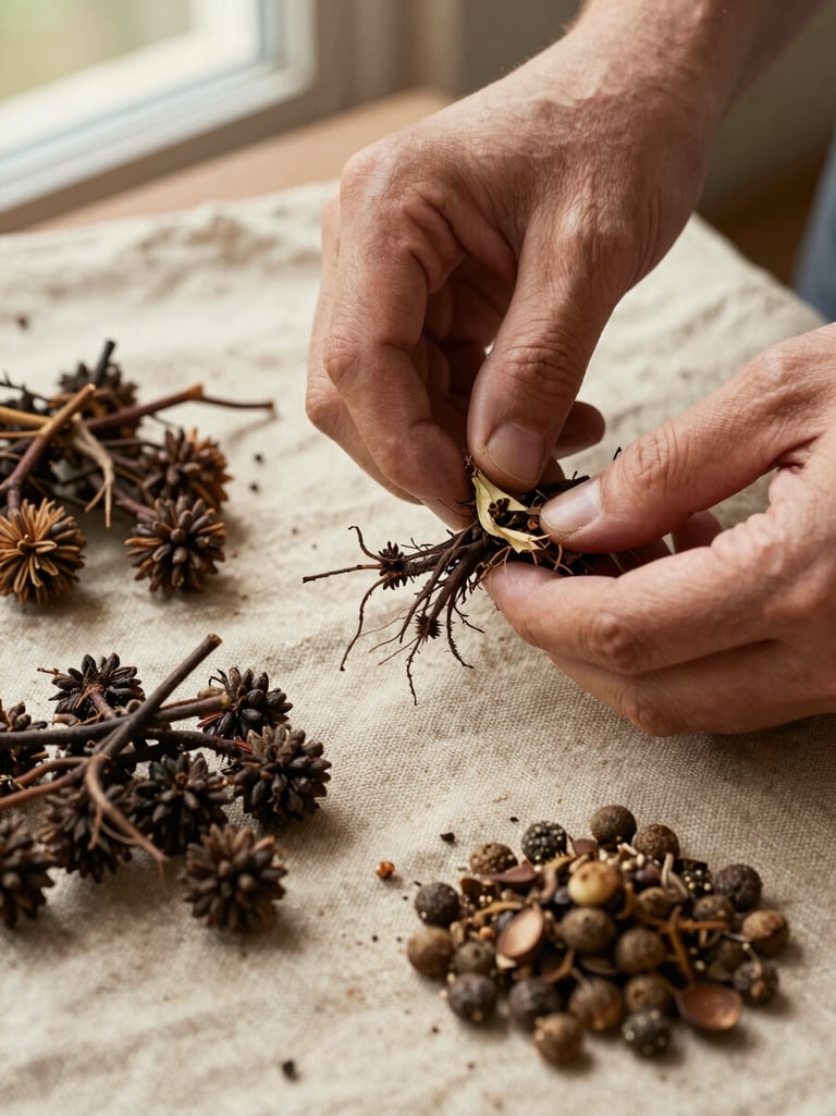 Extreme close-up overhead study of hands sorting freshly harvested plant material on a rough linen surface, dark roots and seed pods arranged in small piles, diffuse north-facing window light, warm earth tones, no tools visible, focus on botanical texture and skin