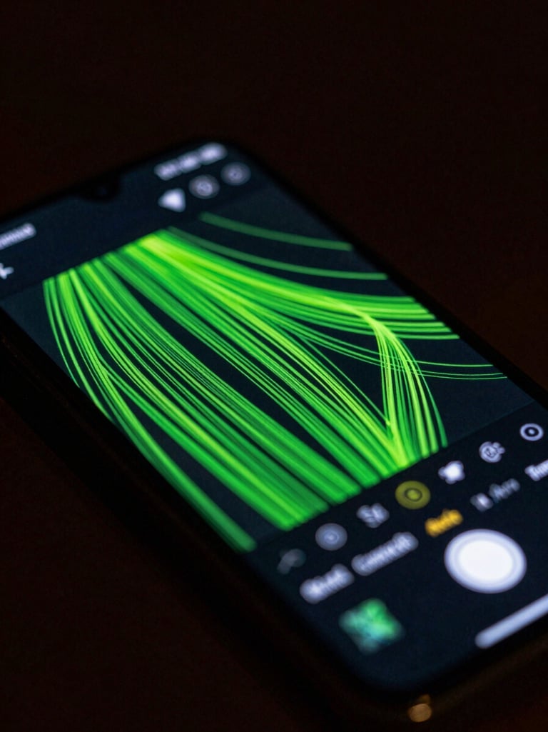 Macro close-up of a high-end Android phone screen displaying a vibrant vector drawing interface with neon green lines and custom brush settings, dark ambient background.