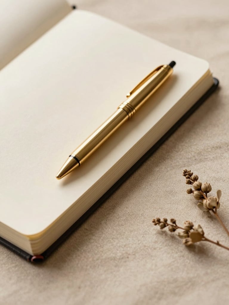 Close-up portrait-orientation shot of a styled brand flatlay — warm beige linen surface, a partially open luxury notebook with a gold pen resting diagonally across it, soft diffused studio light from upper left, one small sprig of dried botanicals in the lower right corner