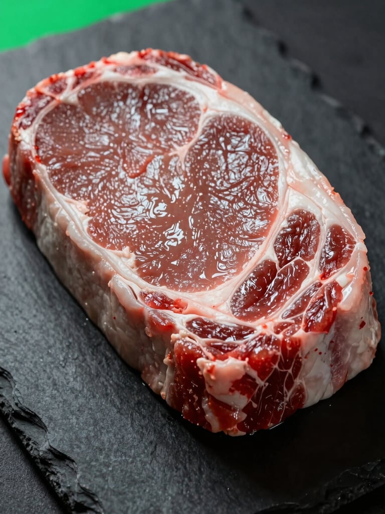 Extreme close-up of a perfectly lit, glistening raw cut of meat on a dark slate background, high-contrast dramatic studio lighting, neon green color cast on the edges.