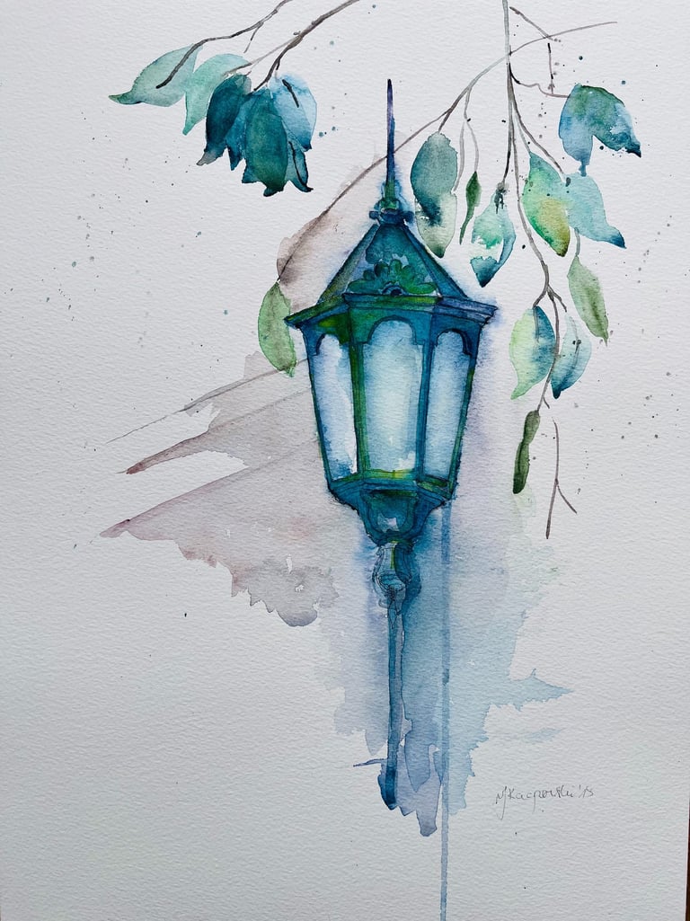 iron cast garden lantern watercolor artwork by weronika kacperski