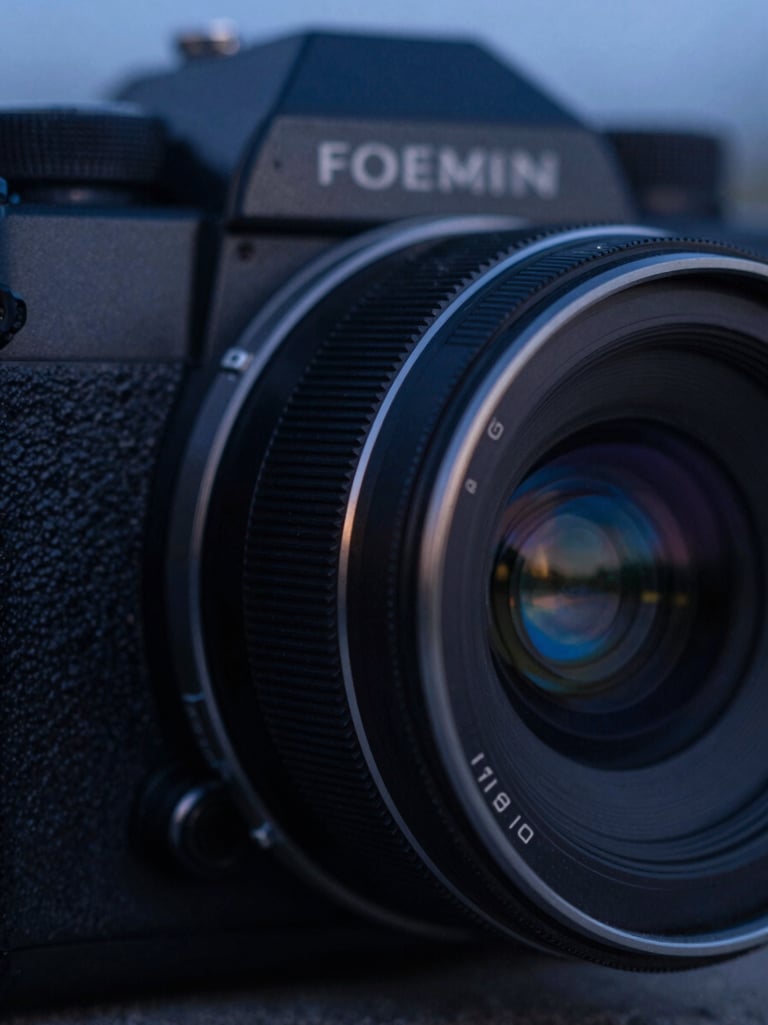 Macro close-up of a dark anodized aluminum camera housing with a precision optical lens reflecting subtle blue twilight, shallow depth of field, 35mm