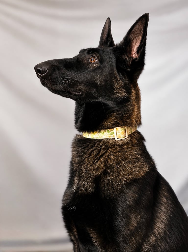 A noble black and tan Sable German Shepherd dog wearing a patterned collar sitting for a portrait.