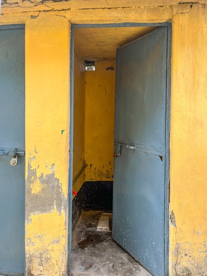 Small yellow toilet in block with blue door ajar.