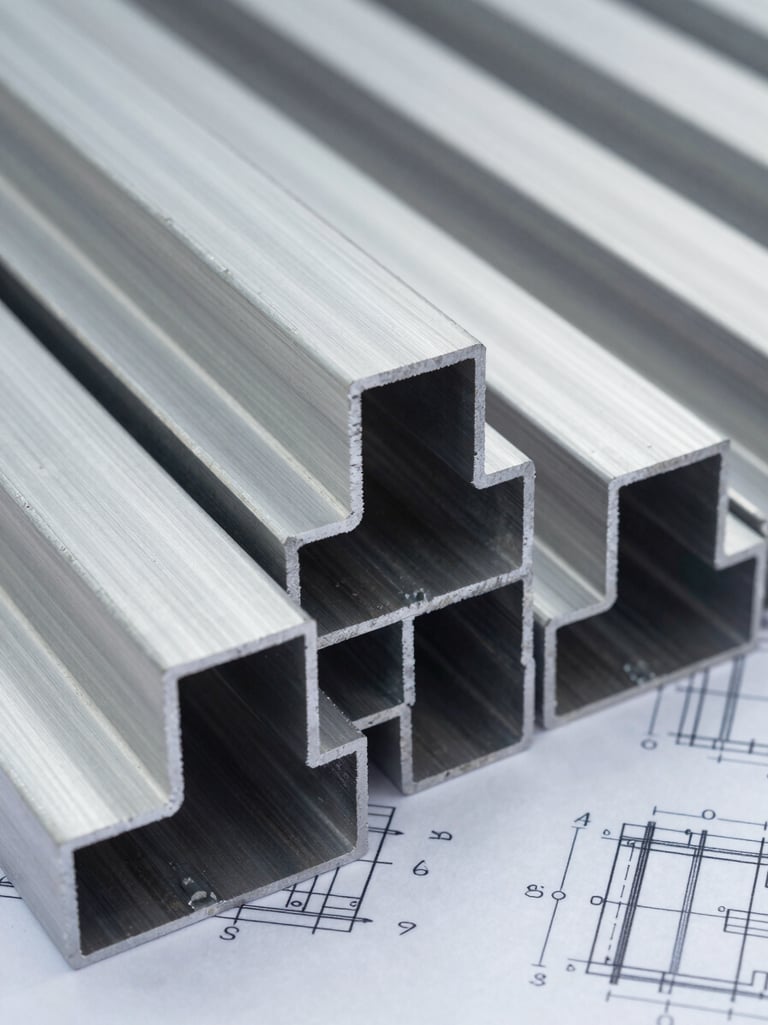 Close-up of industrial blueprints next to raw aluminum extrusions, high-contrast technical tones, cool natural daylight, 35mm