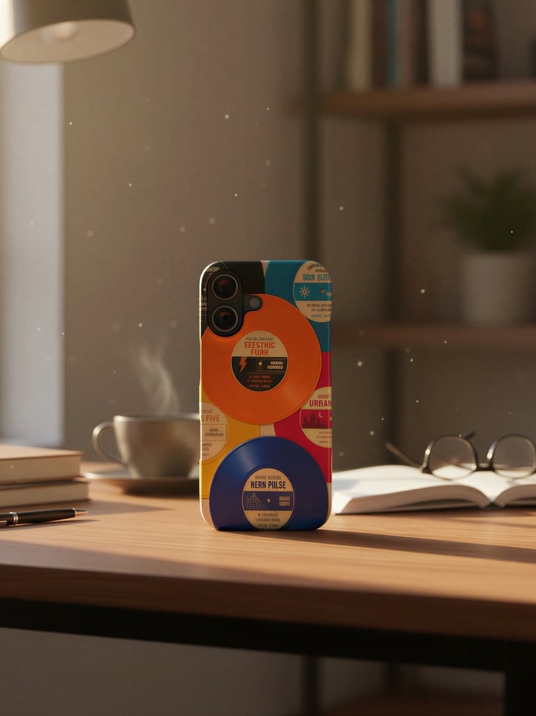 Phone case with retro label design on wooden desk with coffee mug.